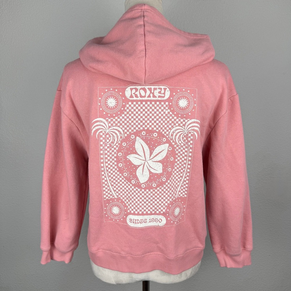 Roxy Pink Zip-Up Graphic Hoodie Girls L 12/14 Fits Womens XS-S Retro Tropical